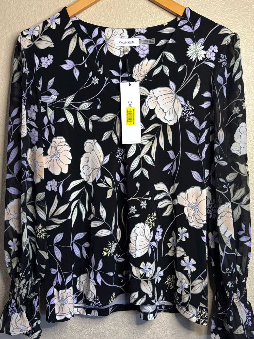 NWT Calvin Klein Black Floral V-Neck Top with Cream & Lavender Blooms size S